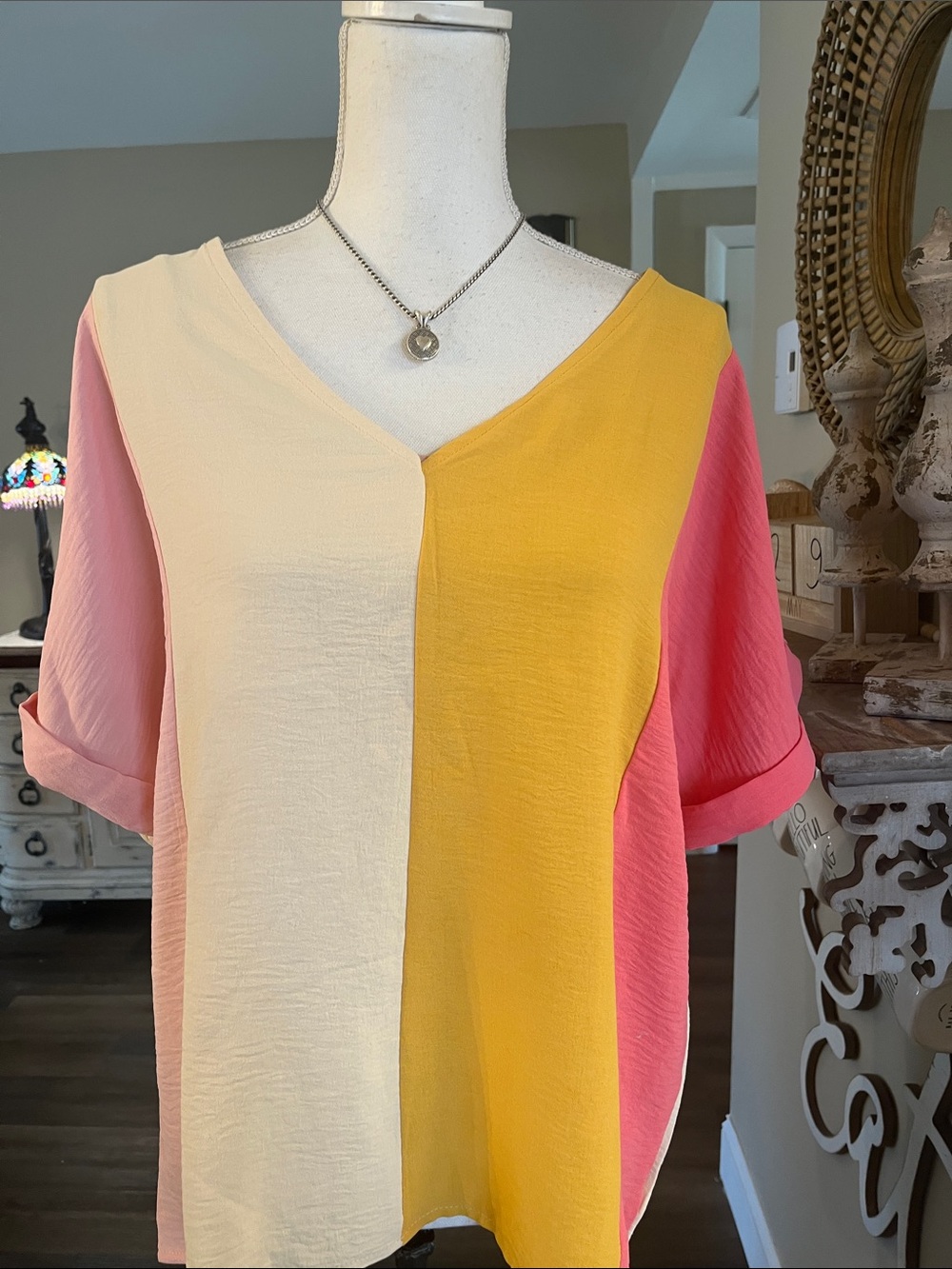 BiBi Colorblock V-Neck Top in Mustard Cream & Pink